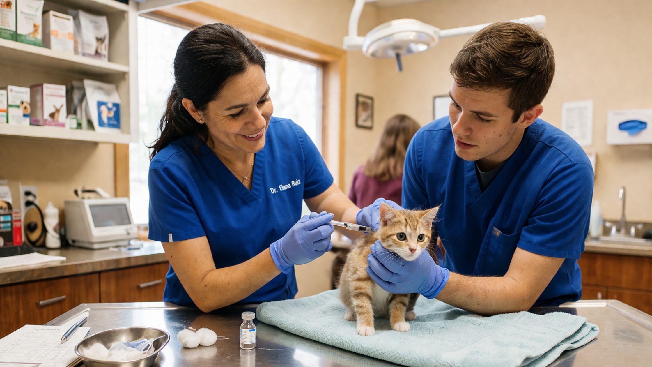 Veterinarios vacunando a gatito